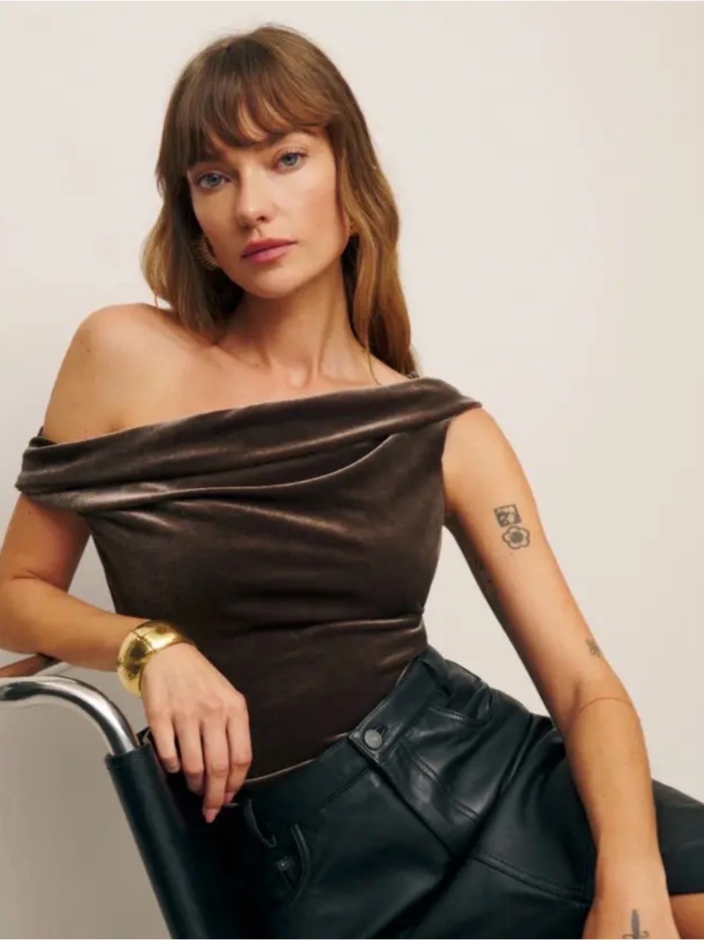 Reformation Brown Velvet Cello Off The Shoulder Knit Top XS